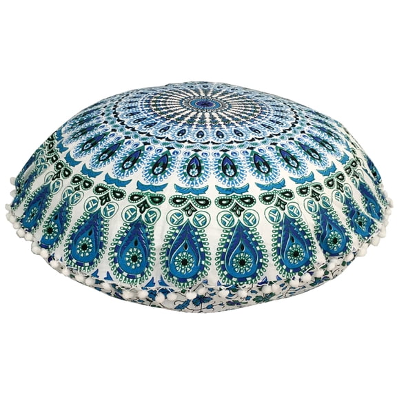 Stylo Culture Indian Round Throw Pillows For Bedroom Indian Mandala Floor Pillow Printed Floor Cushion Cover Blue Large 32x32 Decorative Bohemian Pom Pom Lace Cotton Peacock Feather 1 Pc