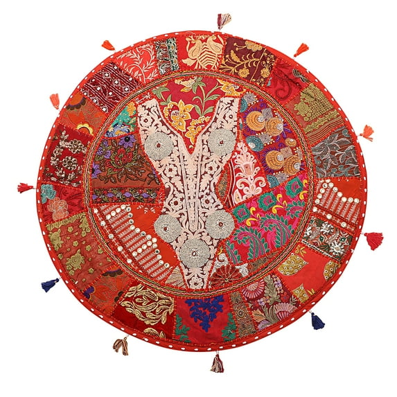 Stylo Culture Indian Round Throw Pillows For Bedroom Vintage Patchwork Floor Cushion Cover Red Large 32x32 Decorative Decor Seating Tuffet Seat Pouf Cover Footstool Cotton Embroidered 1 Pc