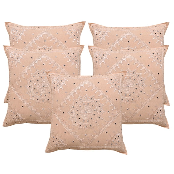 Stylo Culture Indian Sofa Throw Pillow Covers 24 x 24 Big Hand Embroidered Peach Bohemian 60 x 60 cm Home Decor Cotton Mirrored Square Cushion Covers | Set Of 5