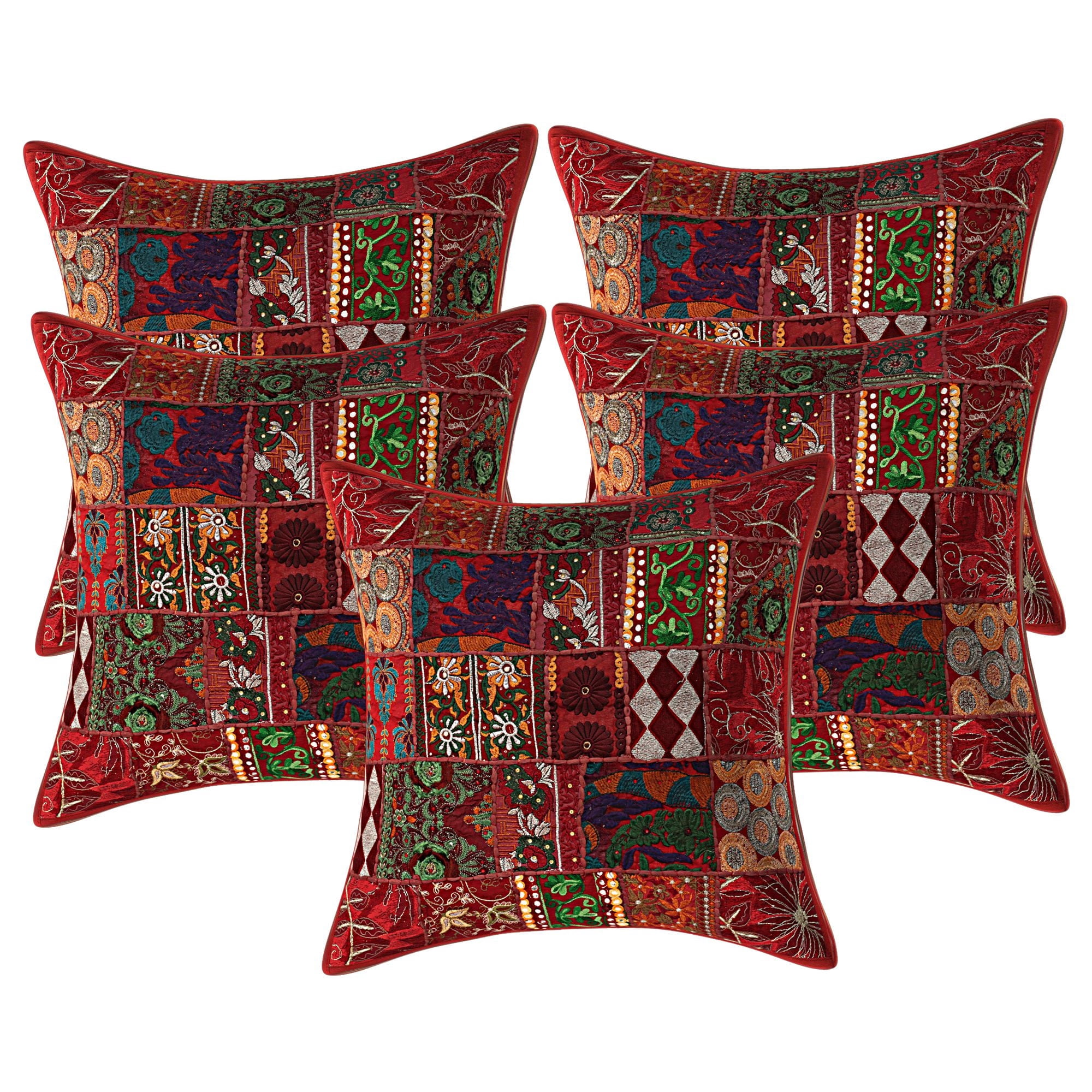 Stylo Culture Indian Vintage Patchwork Floral Settee Sofa Throw Pillow Covers 24 x 24 Big Maroon Bohemian 60 x 60 cm Home Decor Cotton Abstract Square Cushion Covers | Set Of 5