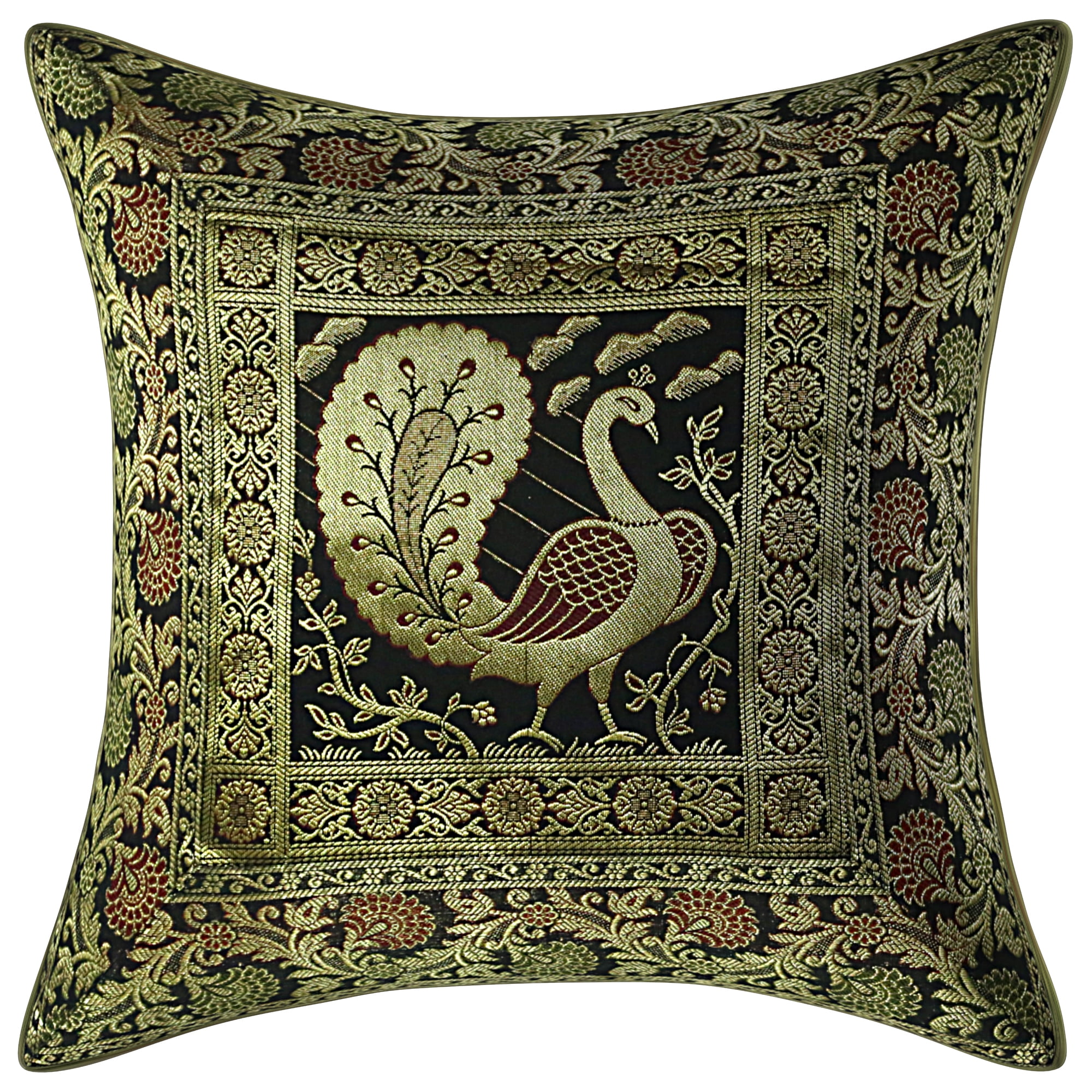 Stylo Culture Indian Zippered Brocade Black And Gold Throw Pillow Covers 16x16 Jacquard Weave Banarsi Sofa Decorative Pillow Case Covers Dancing Peacock Floral 40x40 cm Cushion Covers (1 Pc)