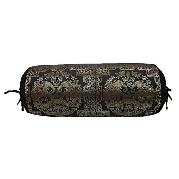Stylo Culture Traditional Brocade Silk Jacquard Decorative Bolster Pillow Cover For Yoga Black Gold Elephant Polydupion Cylindrical Neck Roll Home Decor Banarsi Bolster Case | (1 Pc) | (76x38 cm)