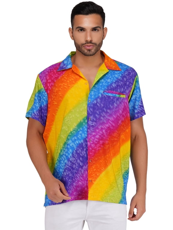 Funky Hawaiian Shirt for Men Short Sleeve Summer Rainbow Original Large