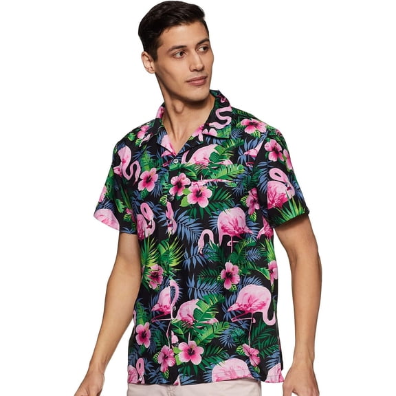 Stylore Hawaiian Shirt for Men Relaxed-Fit Funky Flamingo Black Pink XL