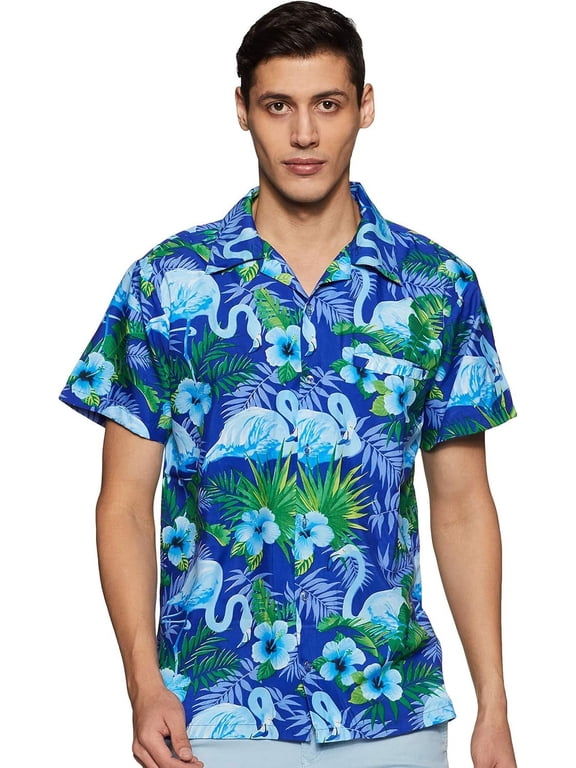 Hawaiian Shirt for Men Relaxed-Fit Funky Flamingo Blue Turquoise Large