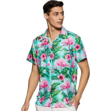 Stylore Hawaiian Shirt for Men Relaxed-Fit Funky Flamingo Turquoise Pink Medium