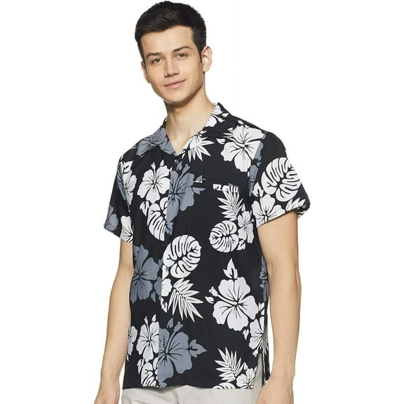 Stylore Hawaiian Shirt for Men Short-Sleeve Button-Down Shadow Hibiscus Black White X-Large