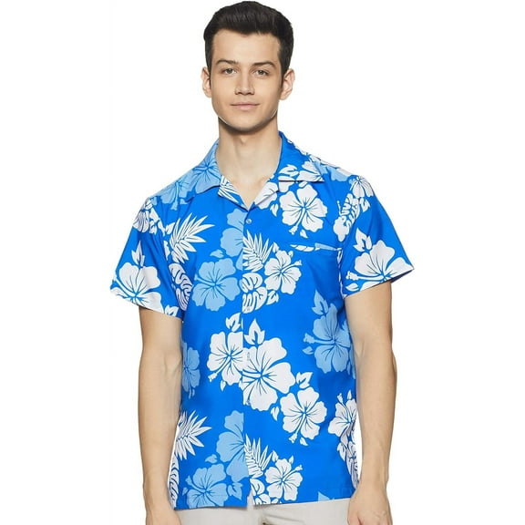 Stylore Hawaiian Shirt for Men Short-Sleeve Button-Down Shadow Hibiscus Blue White Small