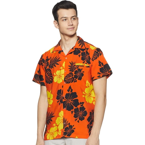 Stylore Hawaiian Shirt for Men Short-Sleeve Button-Down Shadow Hibiscus Orange Black 3XL
