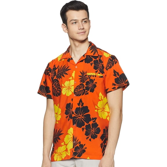 Stylore Hawaiian Shirt for Men Short-Sleeve Button-Down Shadow Hibiscus Orange Black X-Small