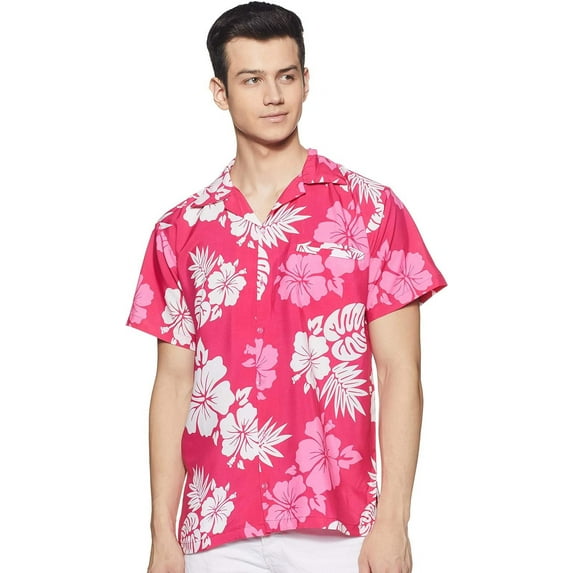 Stylore Hawaiian Shirt for Men Short-Sleeve Button-Down Shadow Hibiscus Pink White 3XL