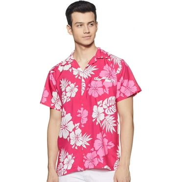 Stylore Hawaiian Shirt for Men Short-Sleeve Button-Down Shadow Hibiscus Pink White Medium