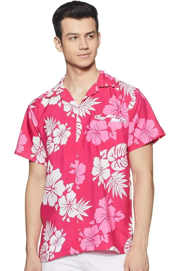 Hawaiian Shirt for Men Short-Sleeve Button-Down Shadow Hibiscus Pink White Small
