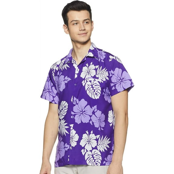 Stylore Hawaiian Shirt for Men Short-Sleeve Button-Down Shadow Hibiscus Purple White Large