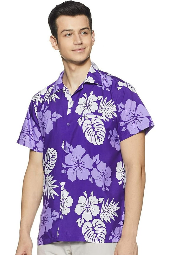 Hawaiian Shirt for Men Short-Sleeve Button-Down Shadow Hibiscus Purple White Large