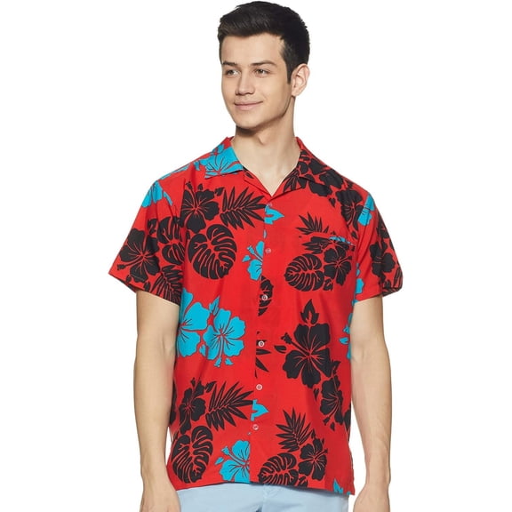 Stylore Hawaiian Shirt for Men Short-Sleeve Button-Down Shadow Hibiscus Red Black 6XL