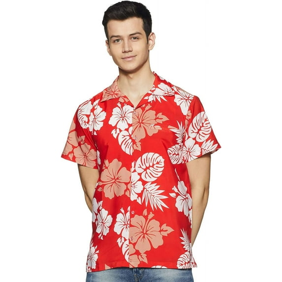 Stylore Hawaiian Shirt for Men Short-Sleeve Button-Down Shadow Hibiscus Red White 3XL