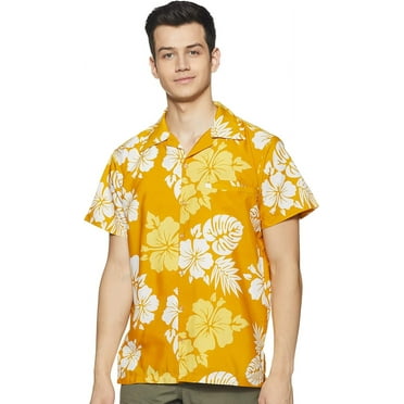 Stylore Hawaiian Shirt for Men Short-Sleeve Button-Down Shadow Hibiscus Yellow White 2XL