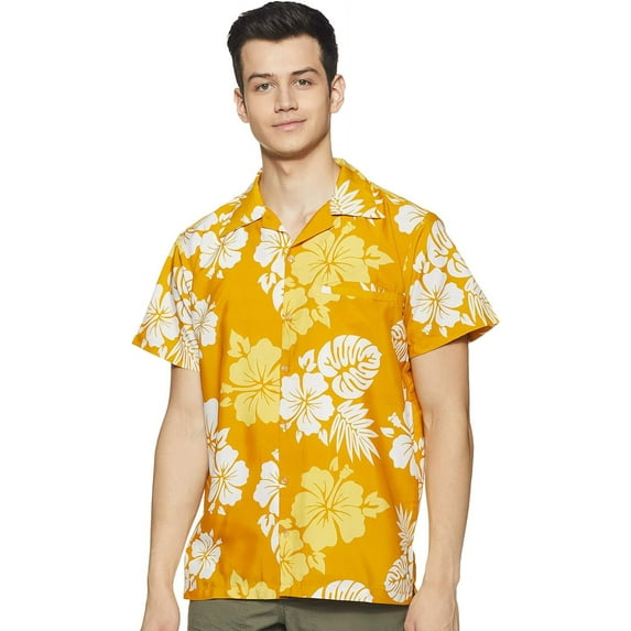 Stylore Hawaiian Shirt for Men Short-Sleeve Button-Down Shadow Hibiscus Yellow White 2XL