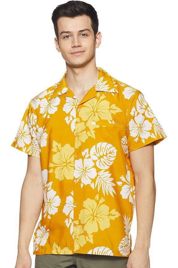 Hawaiian Shirt for Men Short-Sleeve Button-Down Shadow Hibiscus Yellow White X-Small