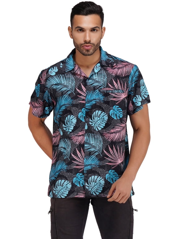 Hawaiian Shirt for Men Short Sleeve Funky Summer Leaf Black Large