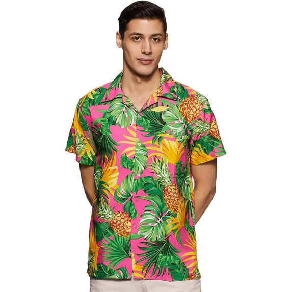 Stylore Hawaiian Shirts for Men Relaxed-Fit Pineapple Tropical Pink XS