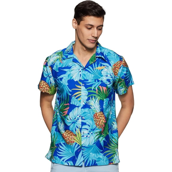 Stylore Hawaiian Shirts for Men Relaxed-Fit Pineapple Tropical Royal Blue Large