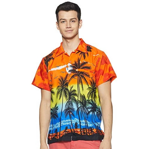 Stylore Hawaiian Shirts for Men Short -Sleeve Summer Luau Palm Orange XS