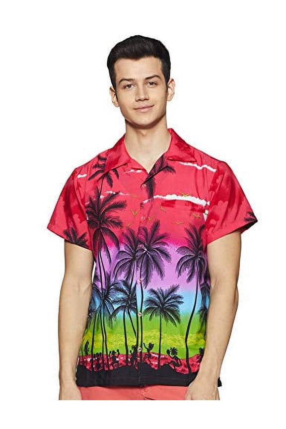 Hawaiian Shirts for Men Short -Sleeve Summer Luau Palm Pink Large