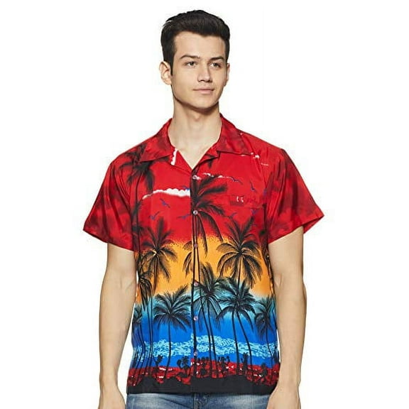Stylore Hawaiian Shirts for Men Short -Sleeve Summer Luau Palm Red XS