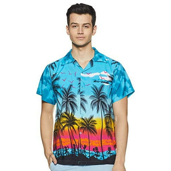 Stylore Hawaiian Shirts for Men Short -Sleeve Summer Luau Palm Turquoise 2XL
