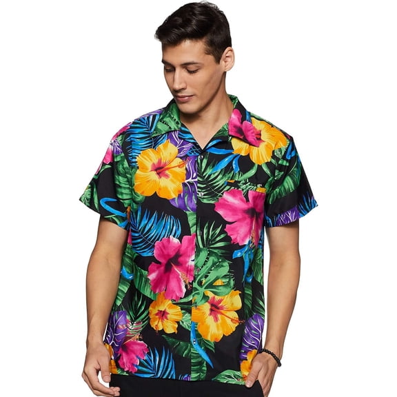 Stylore Men's Hawaiian Shirt Short-Sleeve Button-Down Bright Big Hibiscus Black 6XL
