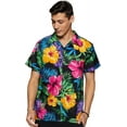 thumbnail image 1 of Stylore Men's Hawaiian Shirt Short-Sleeve Button-Down Bright Big Hibiscus Black Small, 1 of 6