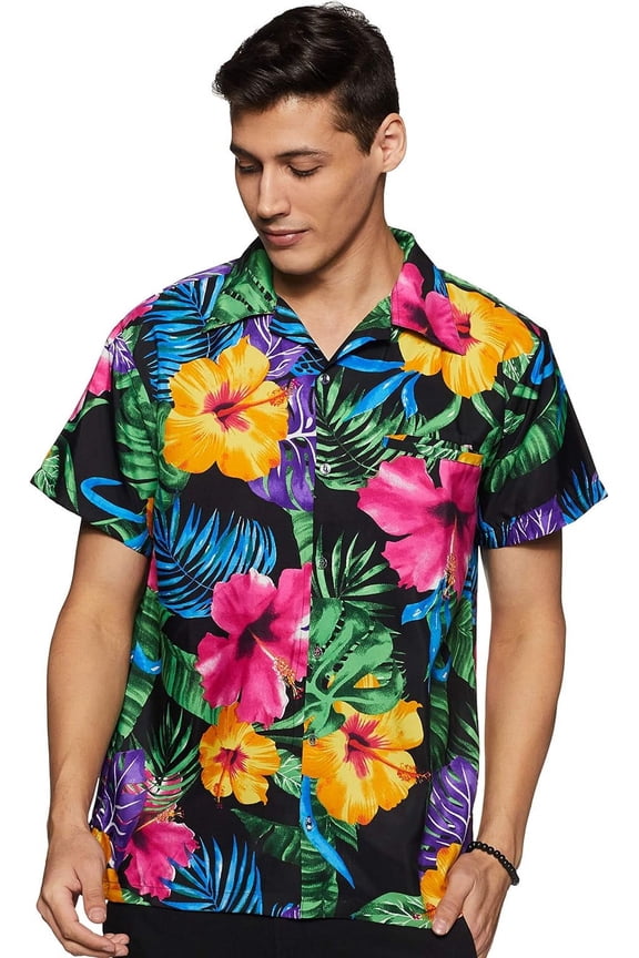 Men's Hawaiian Shirt Short-Sleeve Button-Down Bright Big Hibiscus Black XL