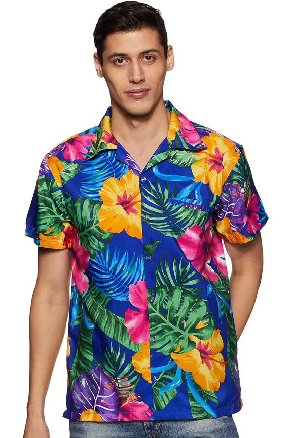 Men's Hawaiian Shirt Short-Sleeve Button-Down Bright Big Hibiscus Blue Medium