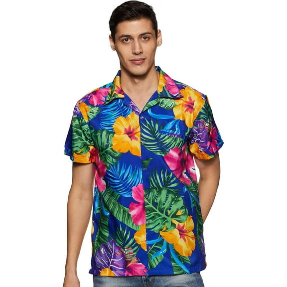 Stylore Men's Hawaiian Shirt Short-Sleeve Button-Down Bright Big Hibiscus Blue Small