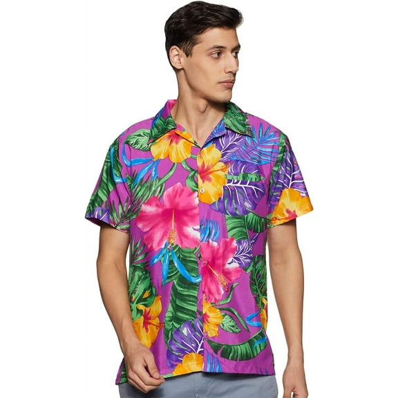 Stylore Men's Hawaiian Shirt Short-Sleeve Button-Down Bright Big Hibiscus Purple 6XL