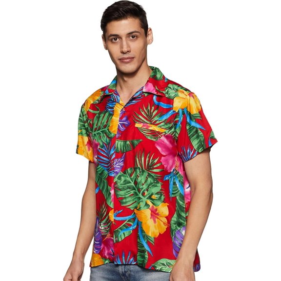Stylore Men's Hawaiian Shirt Short-Sleeve Button-Down Bright Big Hibiscus Red 6XL