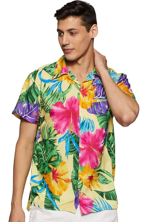 Men's Hawaiian Shirt Short-Sleeve Button-Down Bright Big Hibiscus Yellow Large