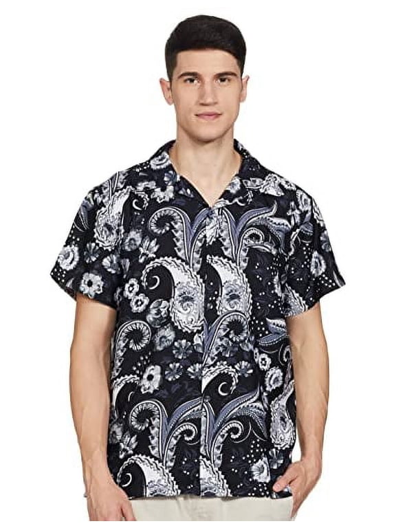 Mens Hawaiian Shirt Short-Sleeve Aloha Paisley Big Black White L