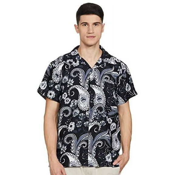 Stylore Mens Hawaiian Shirt Short-Sleeve Aloha Paisley Big Black White L