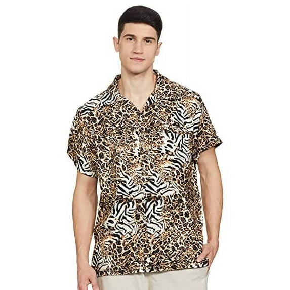 Stylore Mens Hawaiian Shirt Short-Sleeve Animal Print Leopard Brown 5XL