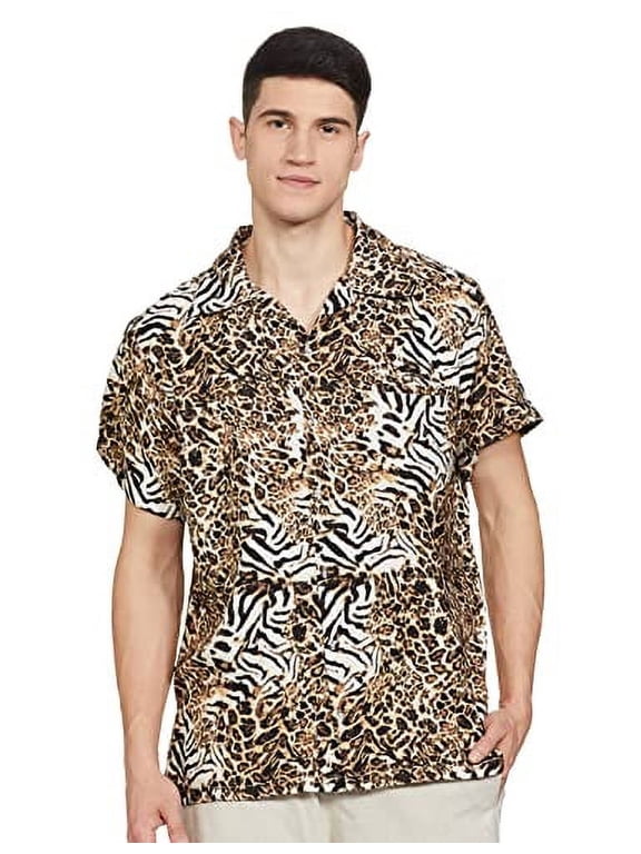 Mens Hawaiian Shirt Short-Sleeve Animal Print Leopard Brown Large