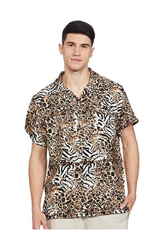 Mens Hawaiian Shirt Short-Sleeve Animal Print Leopard Brown Medium