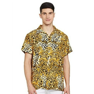 Stylore Mens Hawaiian Shirt Short-Sleeve Animal Print Leopard Yellow 2XL