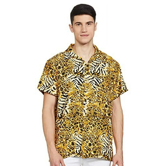 Stylore Mens Hawaiian Shirt Short-Sleeve Animal Print Leopard Yellow XS