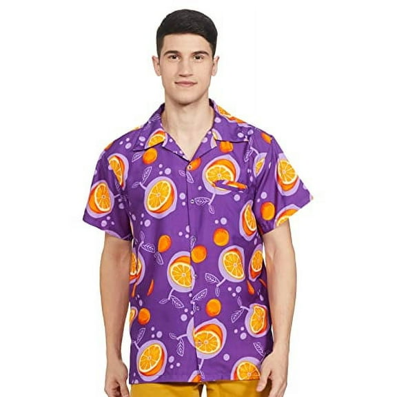 Stylore Mens Hawaiian Shirt Short-Sleeve Funky Aloha Orange Purple XS