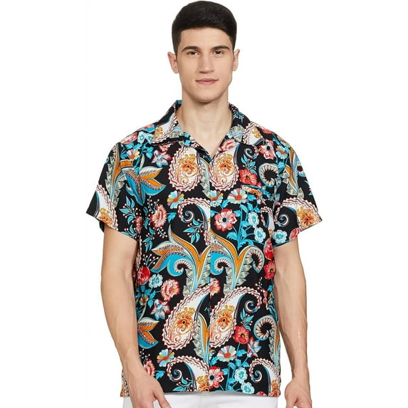 Stylore Mens Hawaiian Shirt Short-Sleeve Funky Aloha Paisley Big Black 6XL