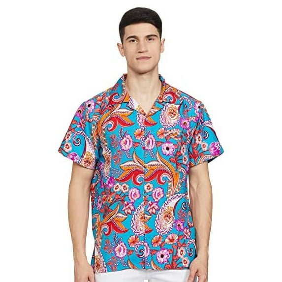 Stylore Mens Hawaiian Shirt Short-Sleeve Funky Aloha Paisley Big Turquoise XL
