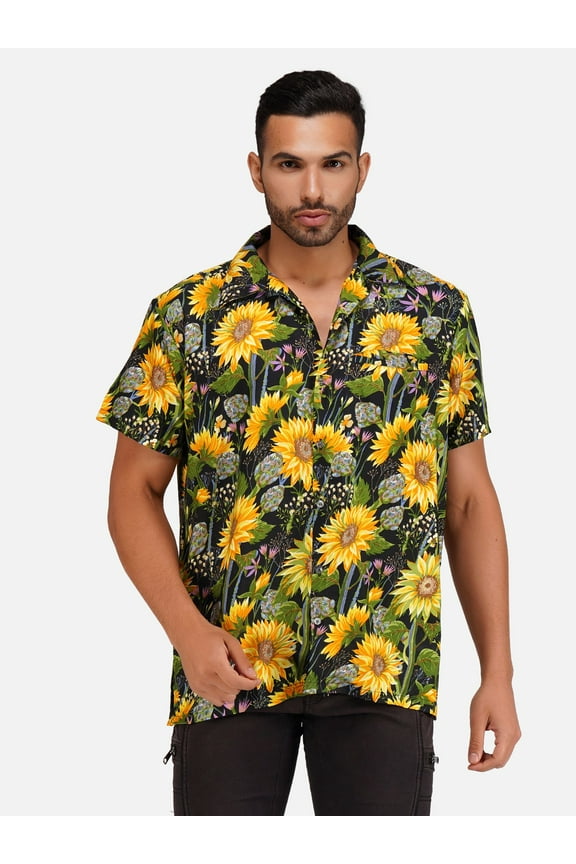 Mens Hawaiian Shirt Short-Sleeve Funky Summer Sunflower Black Medium